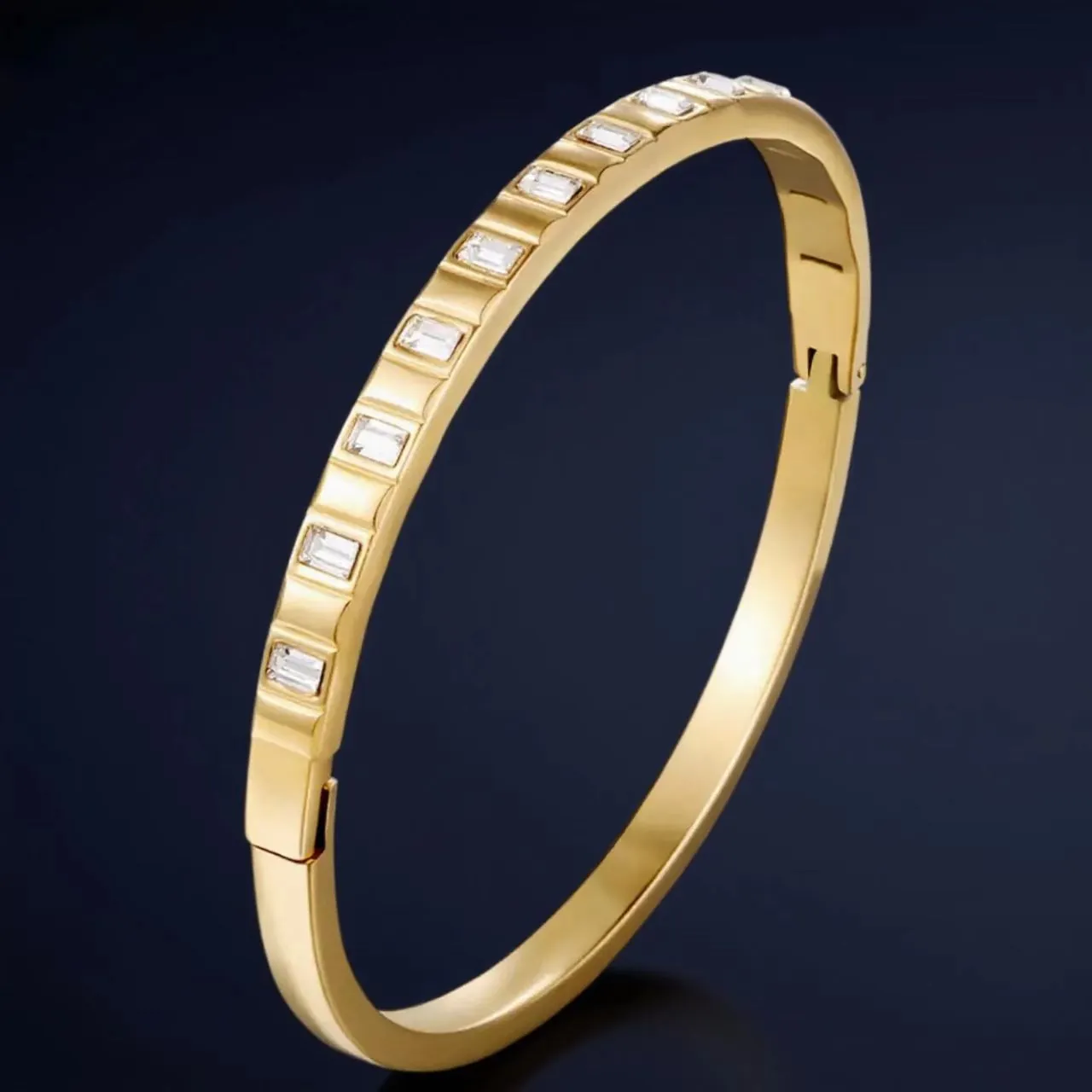 Stainless Steel Bangle Bracelet With Rectangular Zircon Inlaid Minimalist Waterproof Jewelry For Women