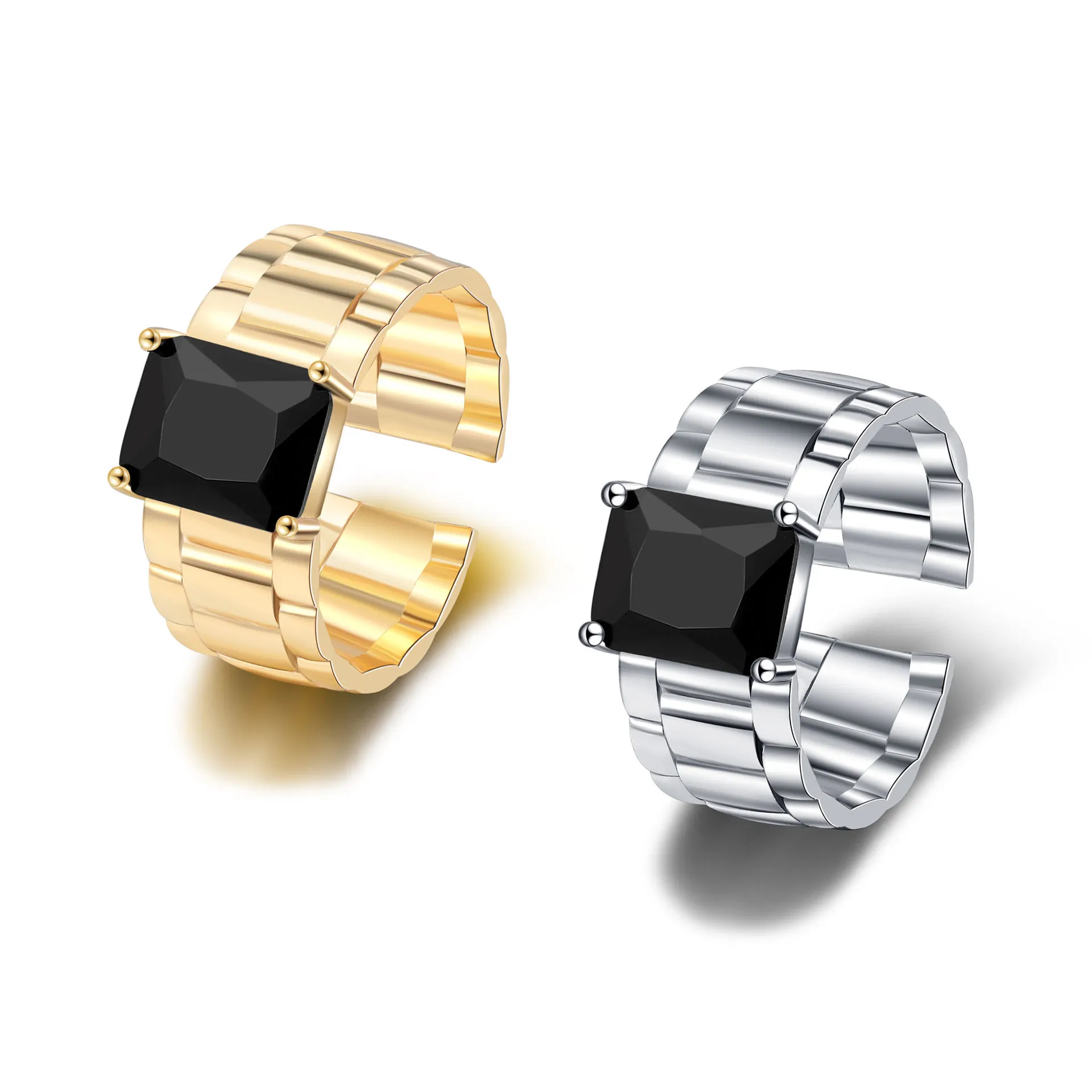 Retro Rectangular Black Zircon Ring Copper Adjustable Open Watch Strap Link Design Punk Personality Unisex Jewelry