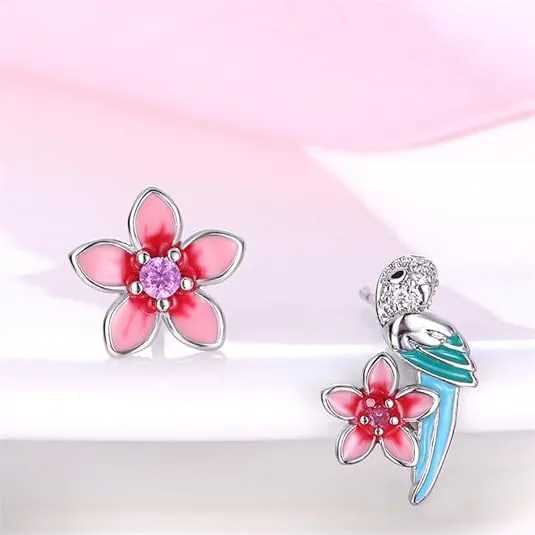 Asymmetric Parrot Flower Stud Earrings With 925 Sterling Silver Earring Post Enamel Zircon Romantic Jewelry