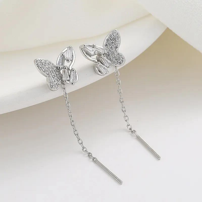 Butterfly Tassel Ear Thread Earrings Copper Micro Pave Zirconia Asymmetrical Long Chain With Silver Earring Post Women