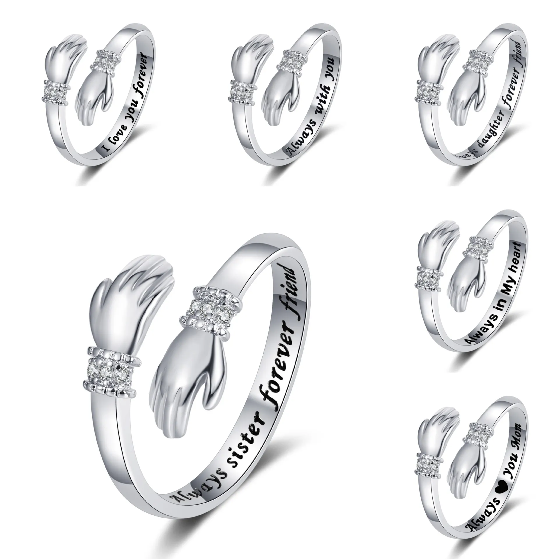 Hugging Hands Ring Copper Rhinestone Adjustable Open Jewelry Sentimental Engraved Gift For Women