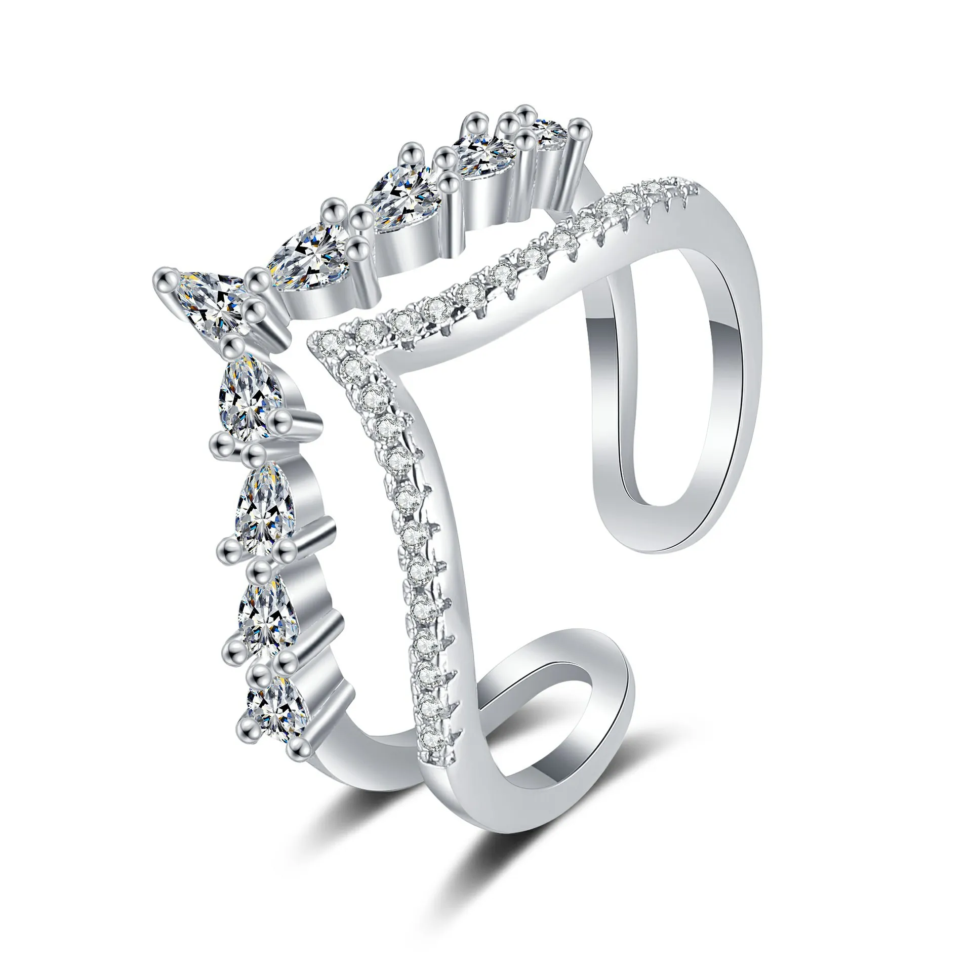 Anello Regolabile A Doppia Strato A Forma Di V Rame Zirconia Cubica Taglio A Pera Design Aperto Gioielli Donna