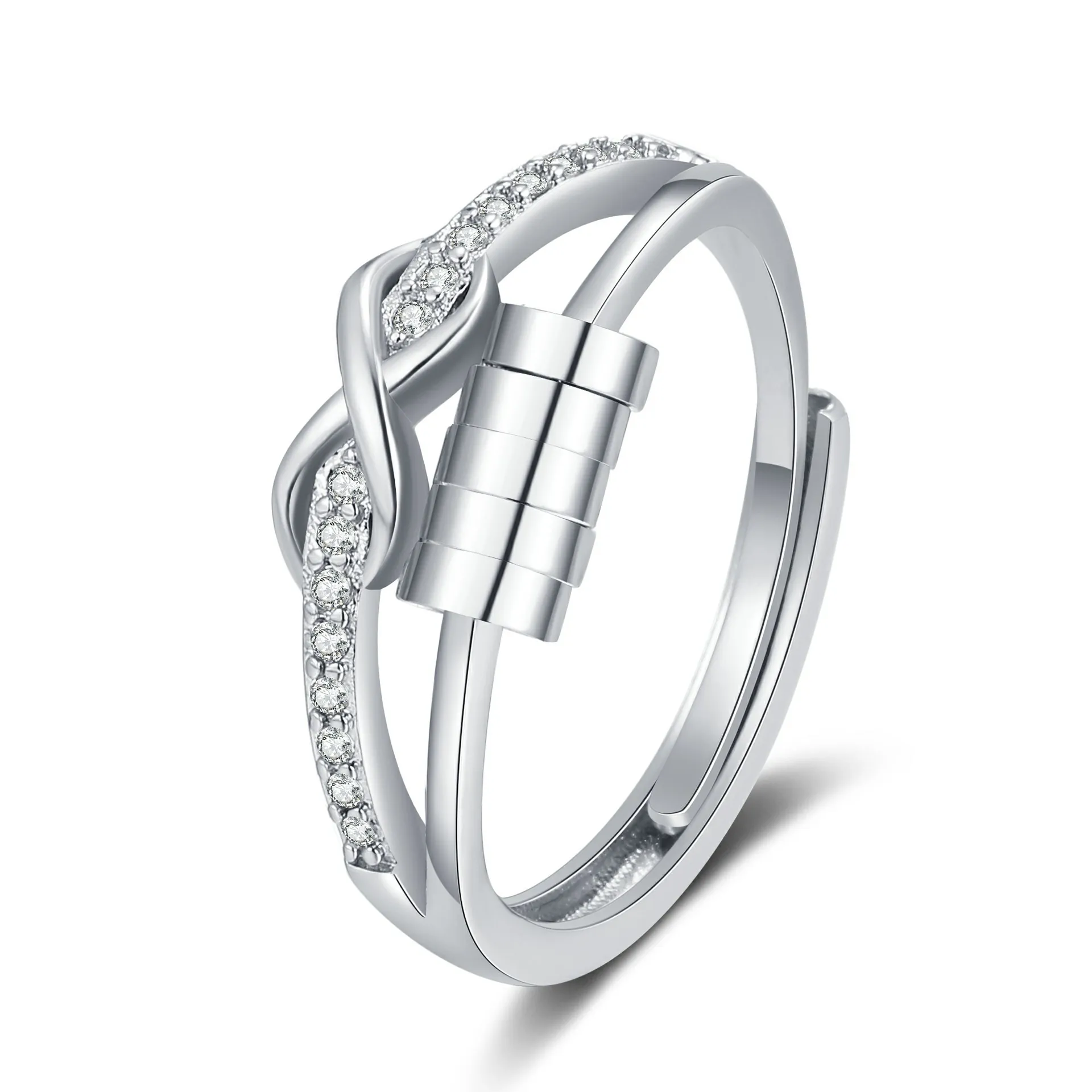 Bague Fidget Symbole Infini Pour Anxiété Cuivre Micro Pavé Zircone Perles Rotatives Soulagement Stress Bijou Ouvert Réglable