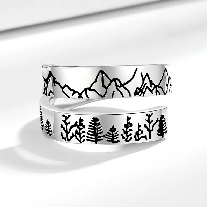 Retro Mountain And Forest Pattern Copper Ring Adjustable Open Band Jewelry For Couples Men Women Vintage Style