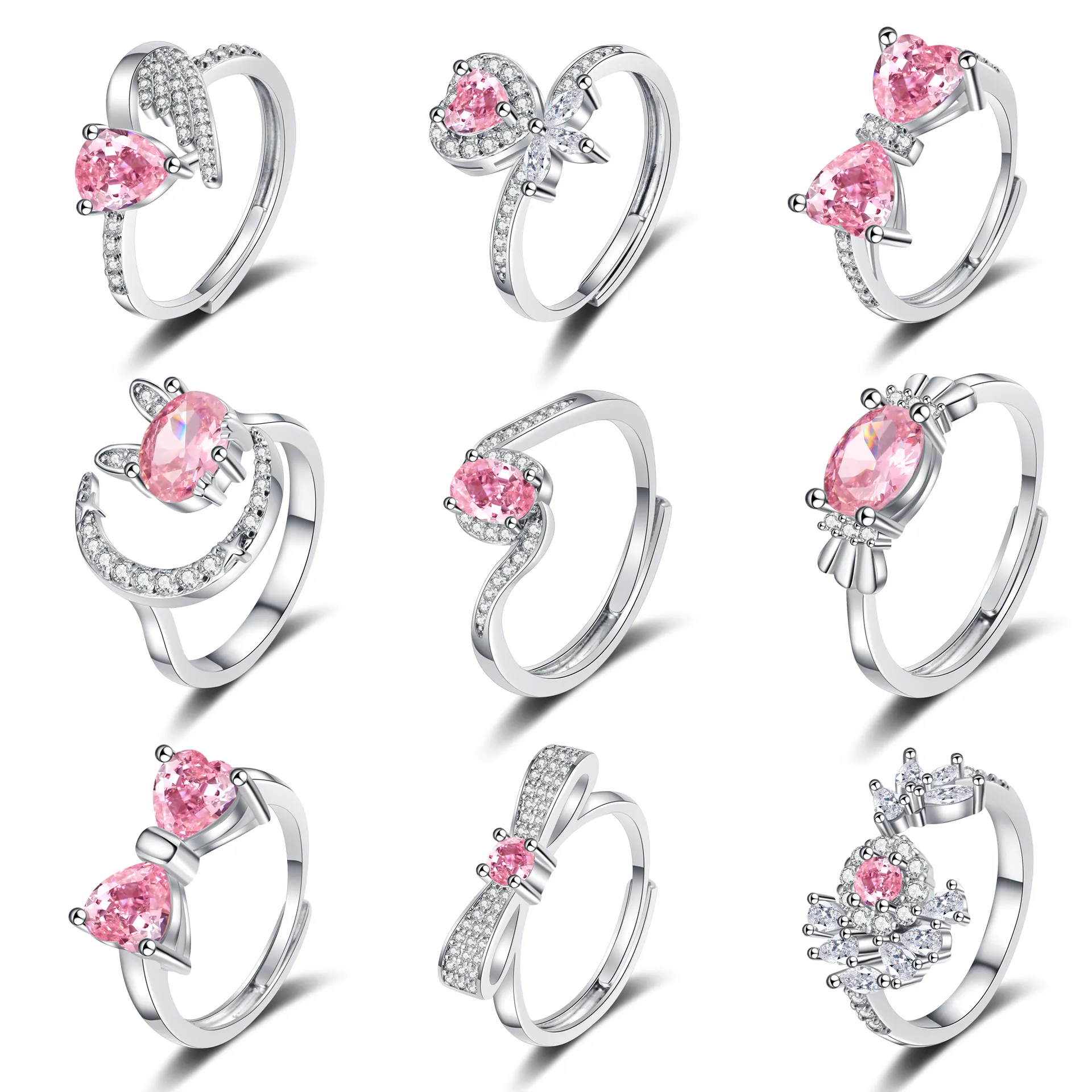Pink Herz Zirkon Verstellbarer Offener Ring Kupfer Versilbert Für Damen Romantischer Süßer Stil Trendiges Accessoire