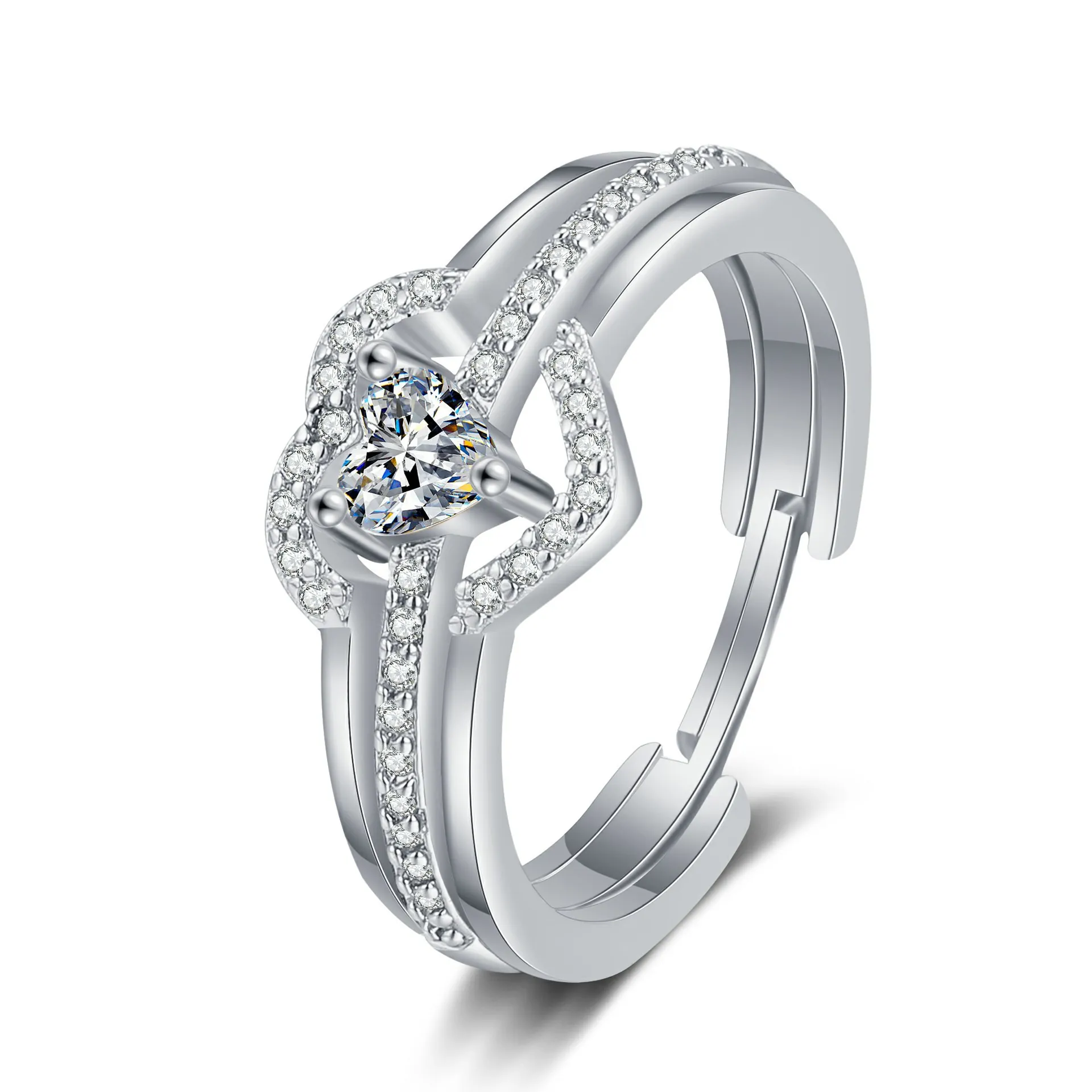 Heart Shaped Adjustable Ring Copper Zircon Micro Paved Double Layer Romantic Elegant Finger Jewelry For Women