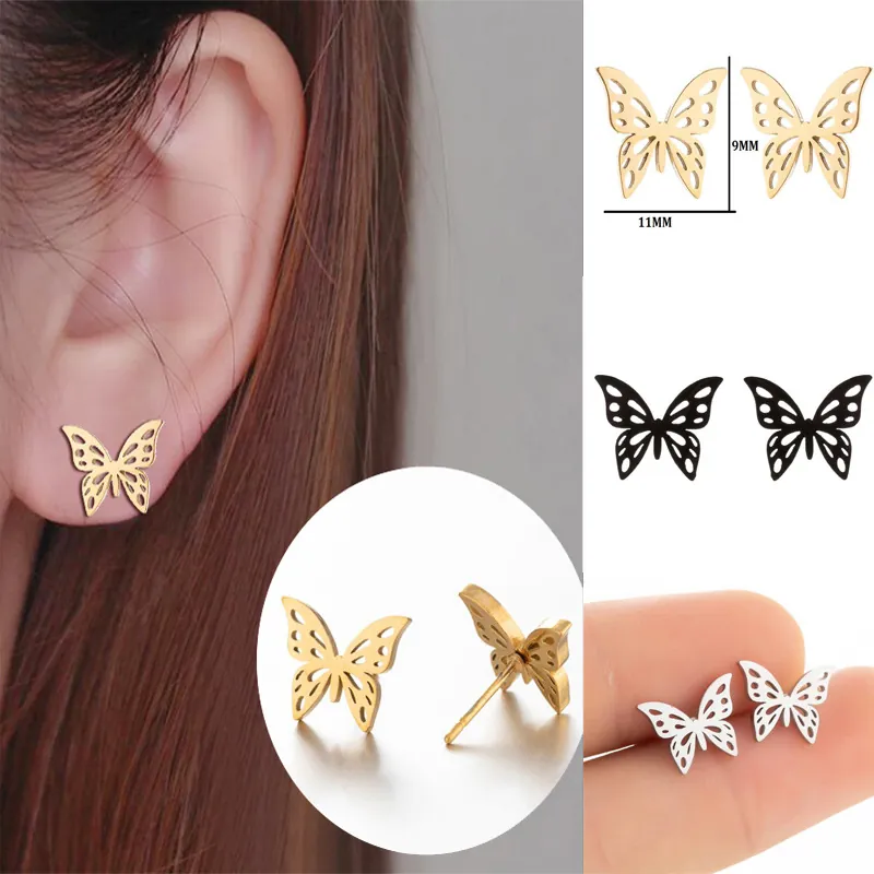 Butterfly Stud Earrings Stainless Steel Hollow Minimalist Elegant Animal Shape Jewelry For Women Daily Accessories