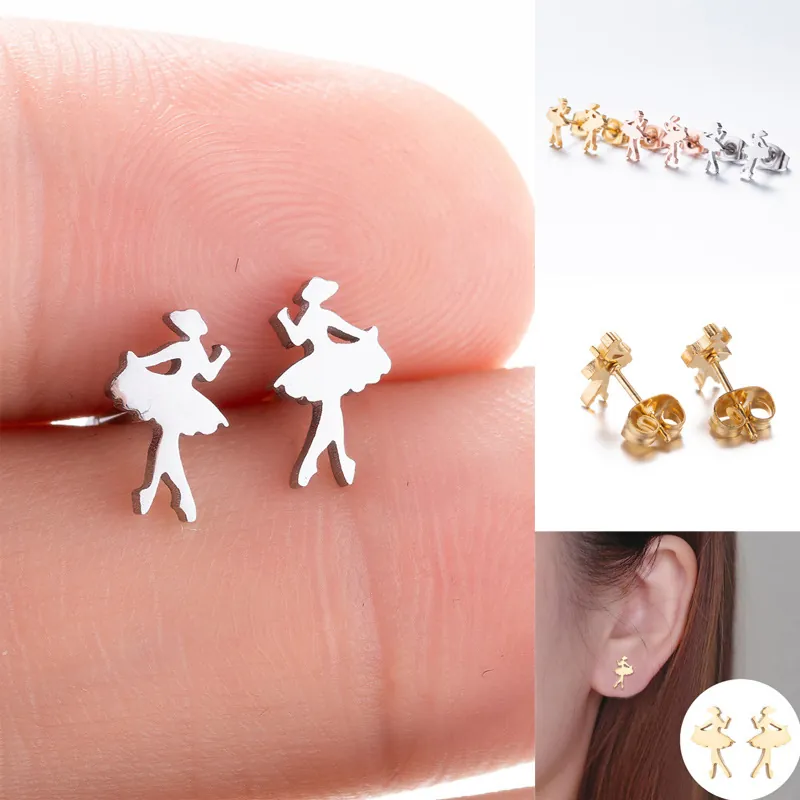 Ballerina Mädchen Silhouette Ohrstecker Edelstahl Elegant Tanzend Minimalistischer Schmuck Für Frauen