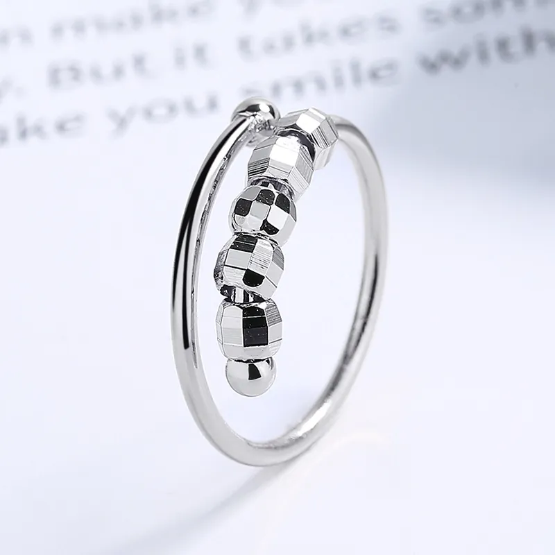Anxiety Ring Copper Rotating Beads Stress Relief Fidget Spinner Adjustable Jewelry For Women