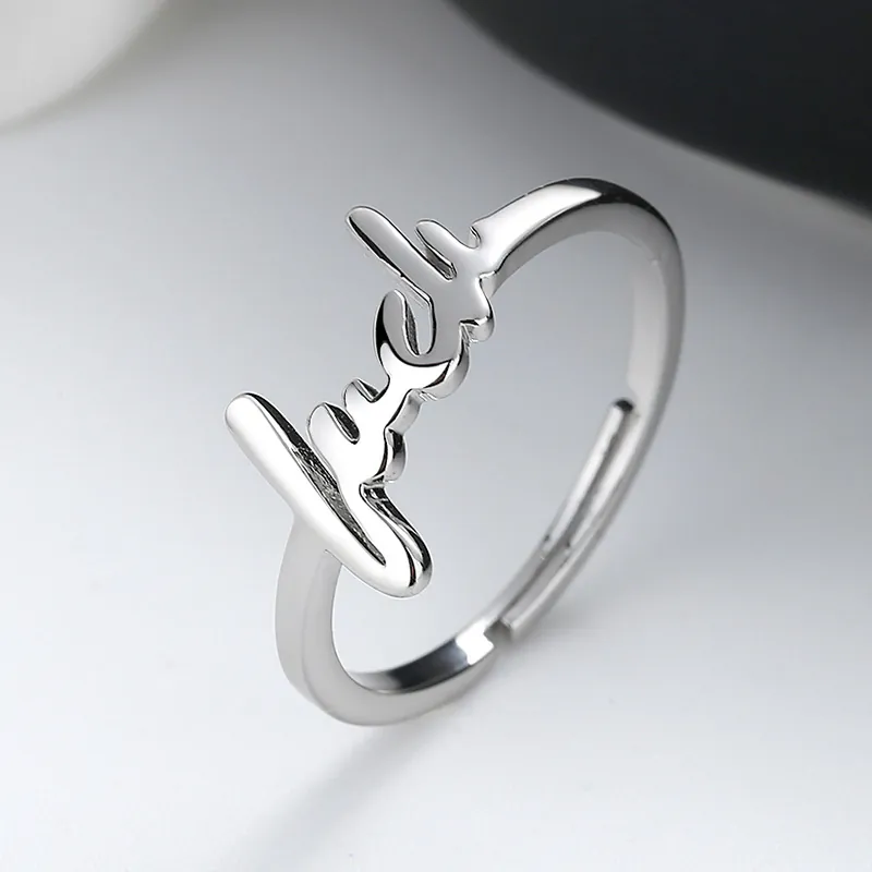 Luck Letter Ring Minimalist Copper Plated Script Handwriting Adjustable Open Fashion Jewelry For Women