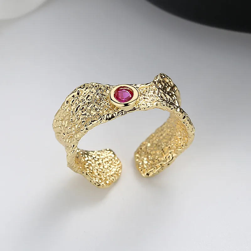 Irregular Lava Texture Copper Open Ring With Round Cubic Zirconia Minimalist Adjustable Finger Ring For Women