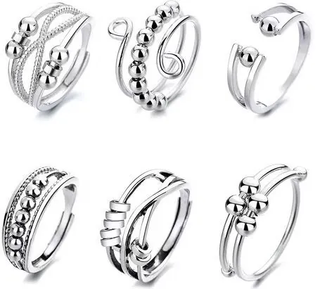 Fidget Ringe Versilbertes Kupfer Angstabbau Drehbar Bewegliche Perlen Verstellbar Offen Einfache Mode Frauen Geschenk