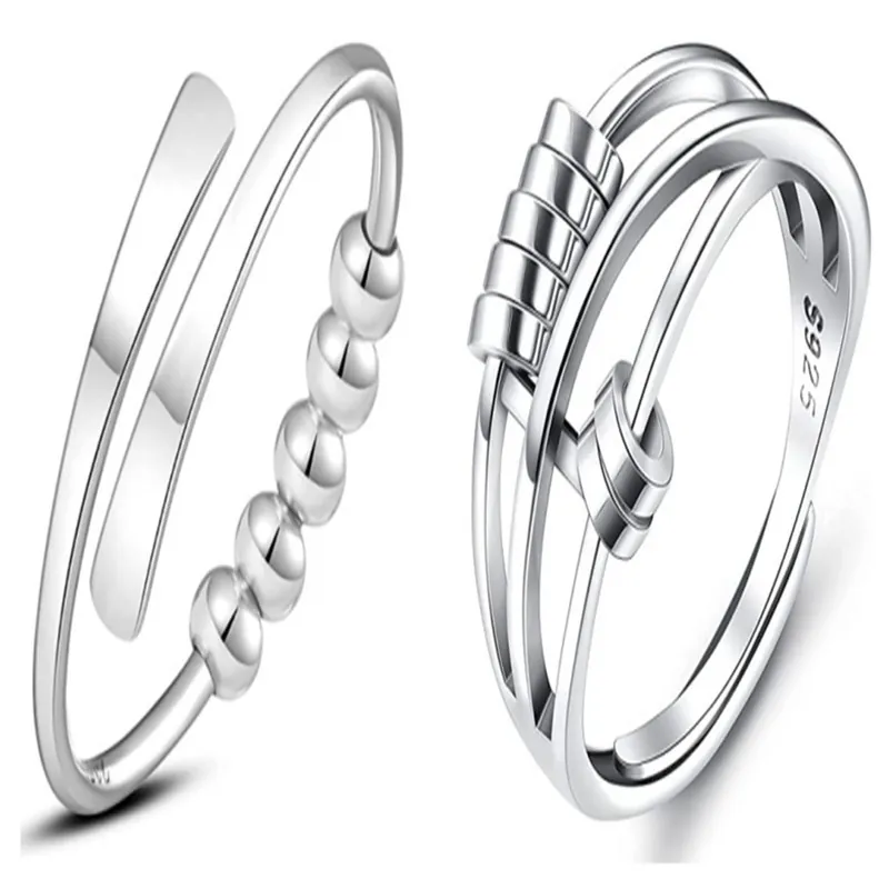 Fidget Anxiety Ring For Women Copper Rotating Beads Stress Relief Adjustable Open Finger Jewelry