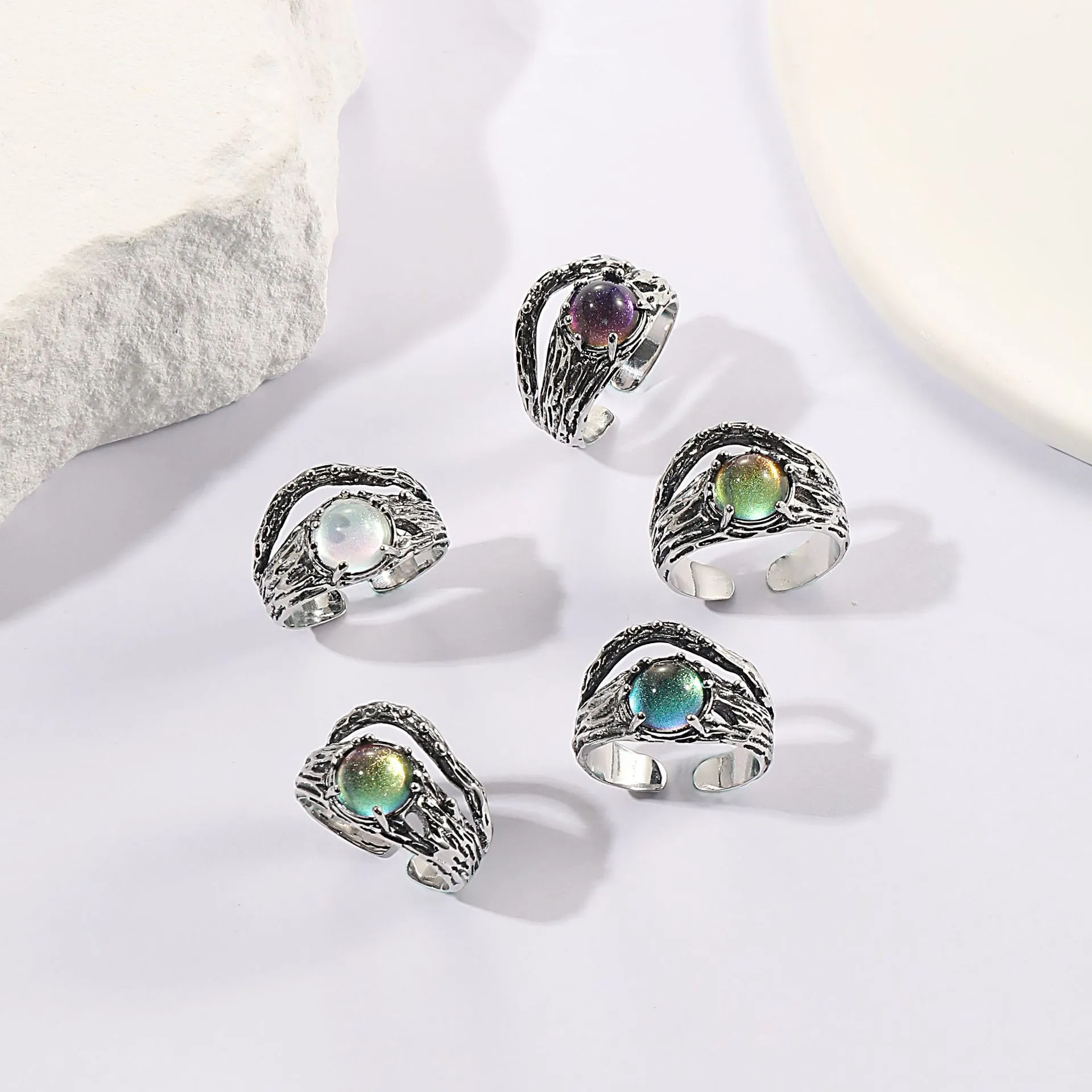 Vintage Starry Sky Moonstone Copper Ring For Women Adjustable Open Finger Jewelry Tree Bark Texture Silver Plated Retro