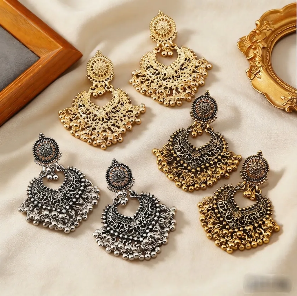 Bohemian Ethnic Chandelier Earrings Hollow Out Tassel Bell Long Drop Women Jewelry With Stainless Steel Earring Post Alloy