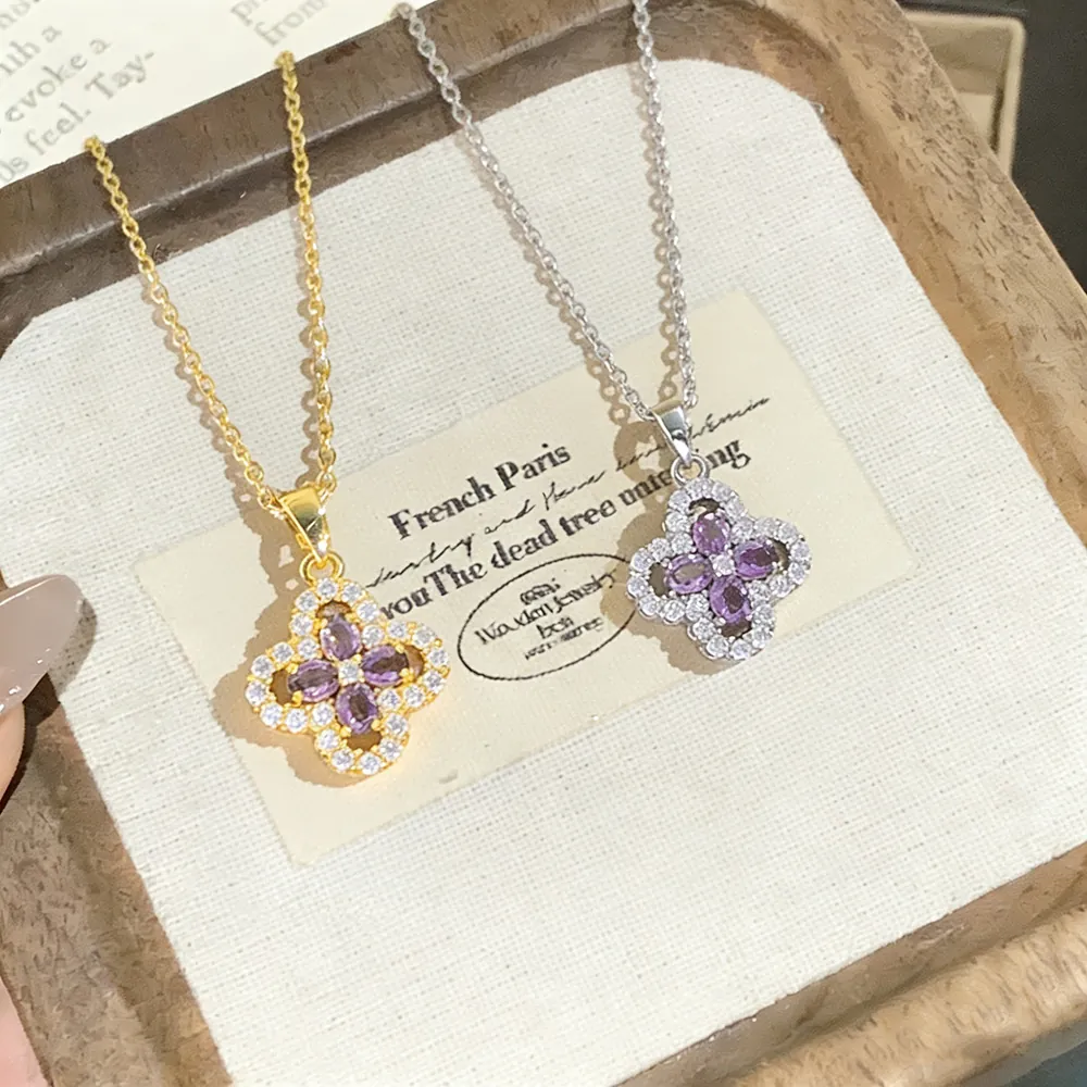 Four-Leaf Clover Pendant Necklace Titanium Steel Copper Purple Zircon Inlaid Clavicle Chain For Women Elegant Lucky