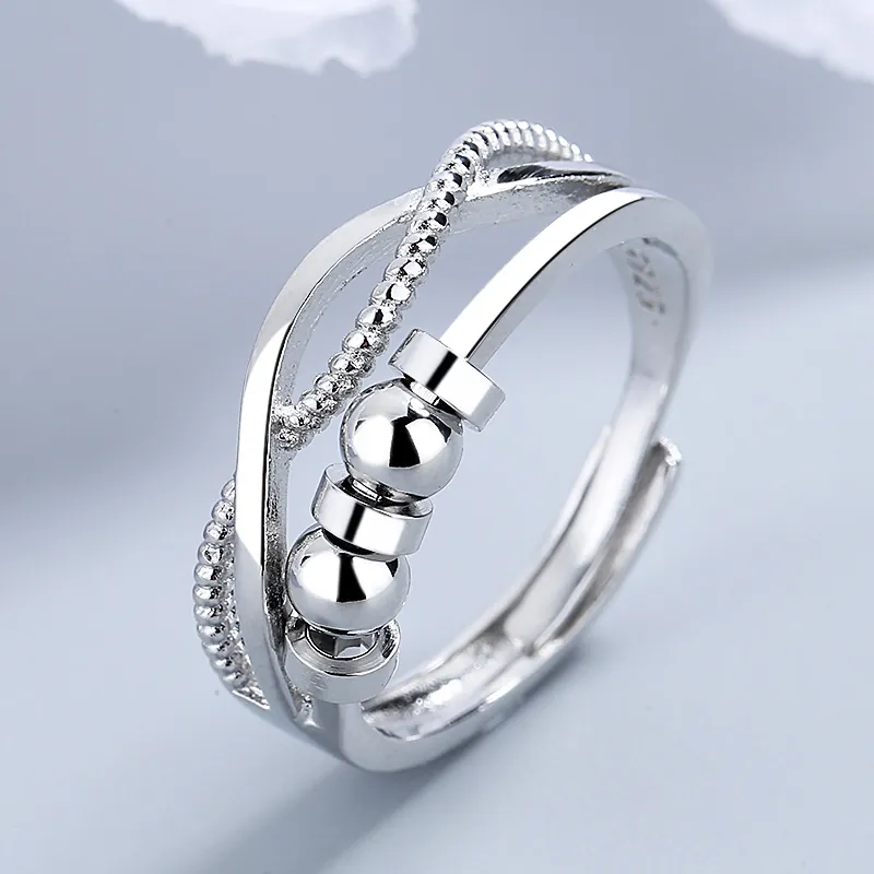 Minimalist Copper Anti Anxiety Ring With Sliding Beads Multi Layer Cross Adjustable Rotating Jewelry For Women