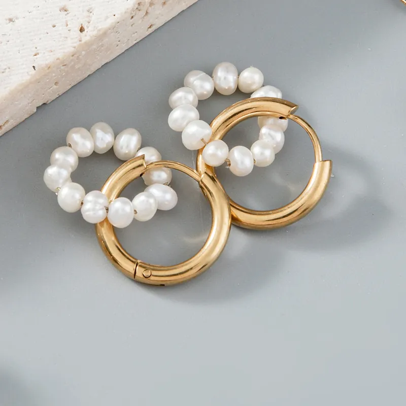 Boucles D'oreilles Créoles Amovibles En Perles D'eau Douce Vintage Français Acier Inoxydable Plaqué Or 18K Pour Femmes