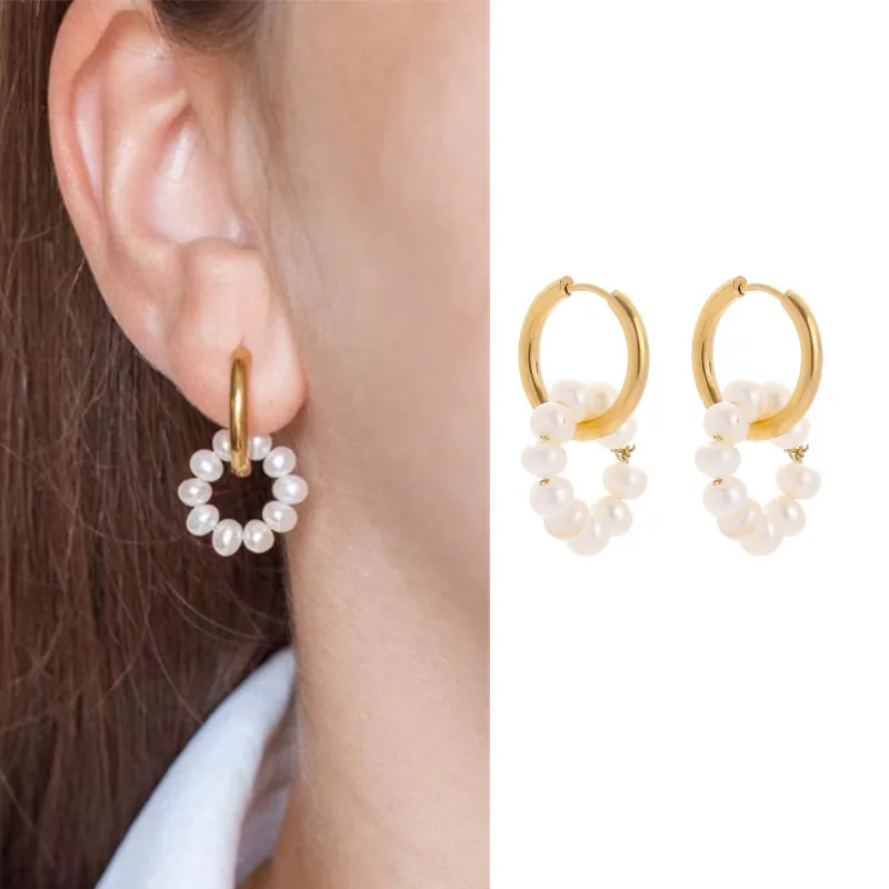 Retro French Hoop Earrings Stainless Steel With 18K Gold Plated And Imitation Artificial Pearl Charms Elegant Jewelry For Women