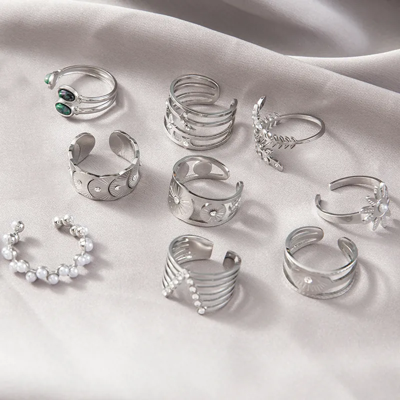 Anello Regolabile In Acciaio Inossidabile Da Donna Perla Artificiale Zircone Fiore Cuore Geometrico Gioielli Di Moda