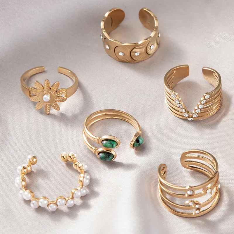 Adjustable Ring 14K Gold Plated Stainless Steel Faux Artificial Pearl Cubic Zirconia Bohemian Vintage Floral Style For Women