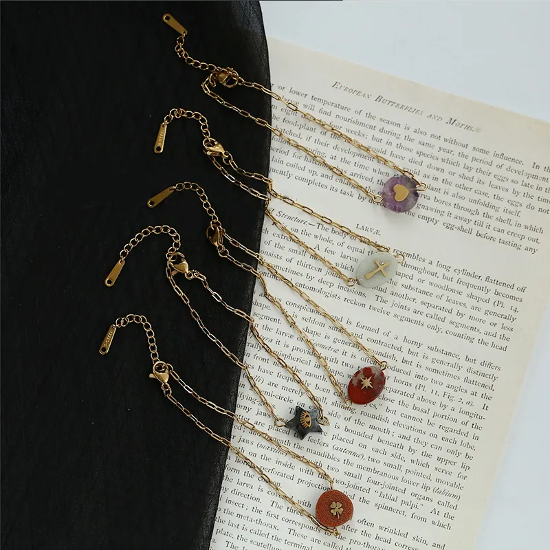 Bracelet En Acier Inoxydable Doré Pour Femmes Avec Pendentifs En Pierre Naturelle Cœur Croix Étoile Mauvais Œil Réglable