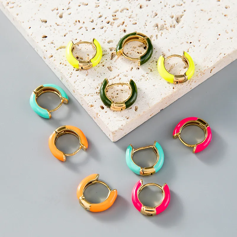Huggie Hoop Ohrringe Edelstahl Vergoldet Bunte Emaille U-Form Geometrisch Bonbonfarben Modeschmuck Damen