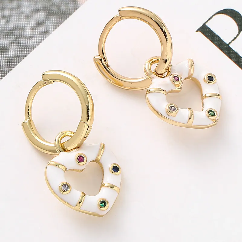 Heart Pendant Hoop Earrings Copper 18K Gold Plated With White Enamel Colorful Zircon Inlaid Trendy Elegant Jewelry For Women