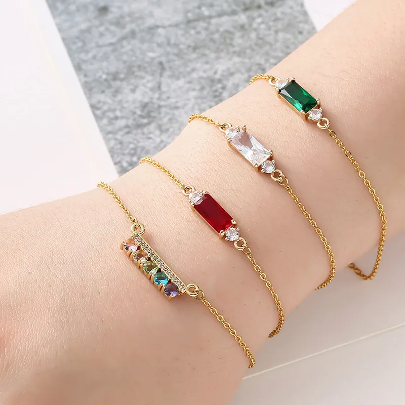 Elegant Square Emerald Zircon Bracelet For Women Gold Plated Copper Adjustable Link Chain Geometric Luxury Jewelry Gift