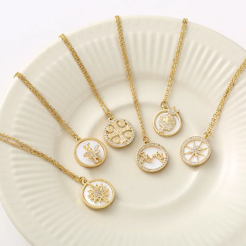 Collana Con Ciondolo Medaglione Rotondo Rame Placcato Oro Con Zircone Madreperla MAMA Ape Stella Religioso Per Donne
