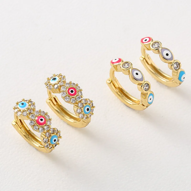 Boucles D Oreilles Evil Eye Huggie Hoop Cuivre Plaqué Or Émail Zircon Coloré Bijoux Protection Femmes
