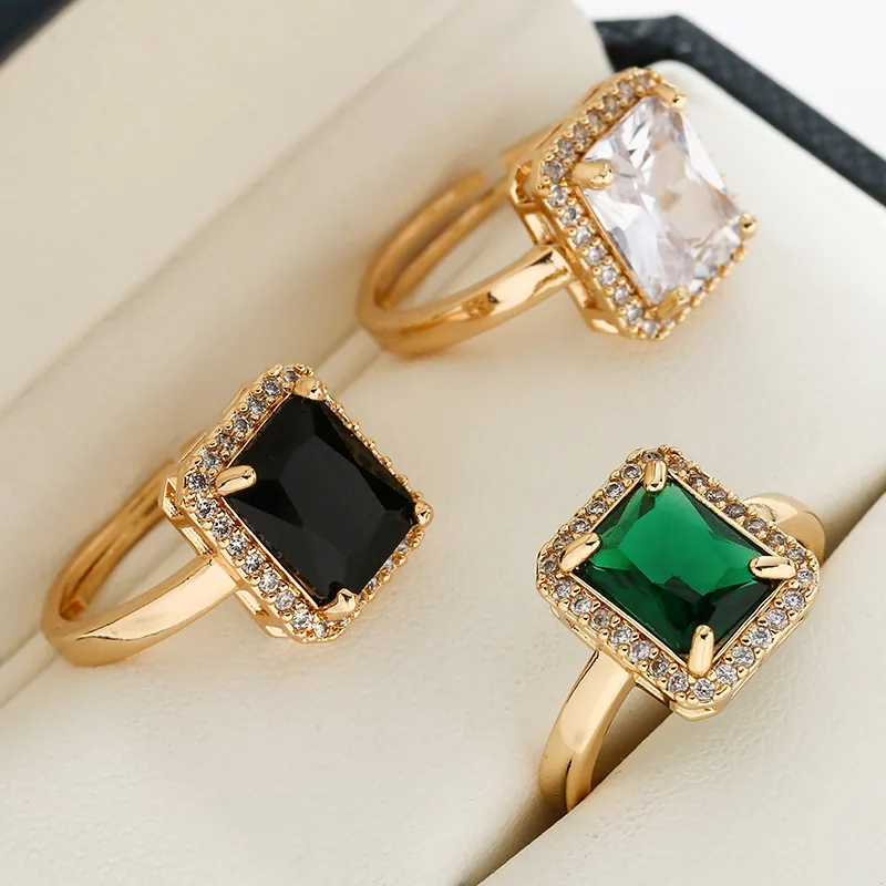 Square Zircon Adjustable Ring Copper Gold Plated Halo Radiant Cut Emerald Style Luxury Finger Jewelry For Women