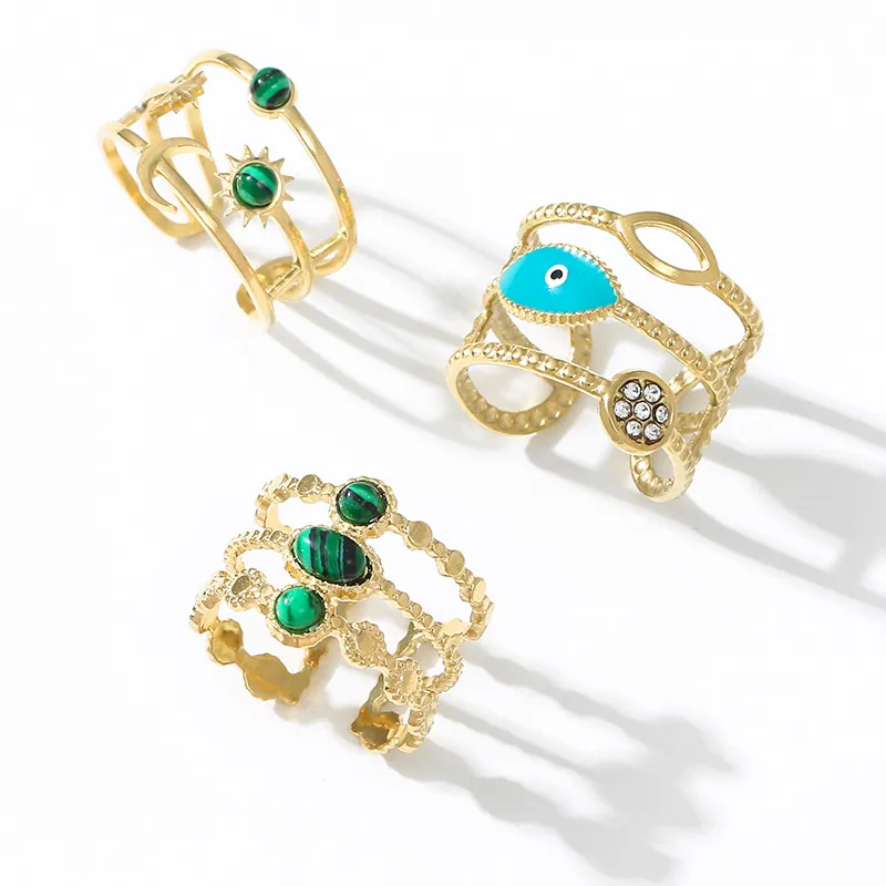 Bague En Acier Inoxydable Réglable Ouverte Bohème Œil De Mal Lune Étoile Malachite Pierre Verte Bijoux Vintage Femmes