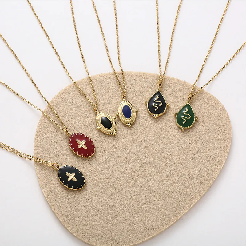 Retro Enamel Pendant Necklace Stainless Steel Gold Plated Cross Snake Oval Water Drop Motif French Style For Women