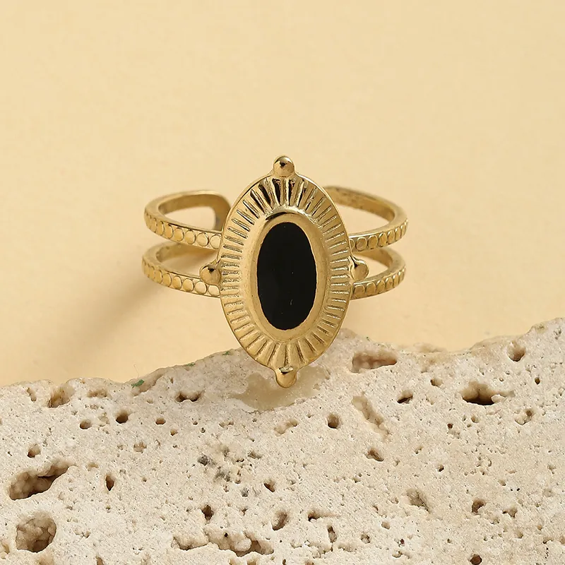 Bague Réglable Vintage Émail Noir Ovale Acier Titane Plaqué Or Motif Rayon Soleil Étages Bijoux Bohème Femmes