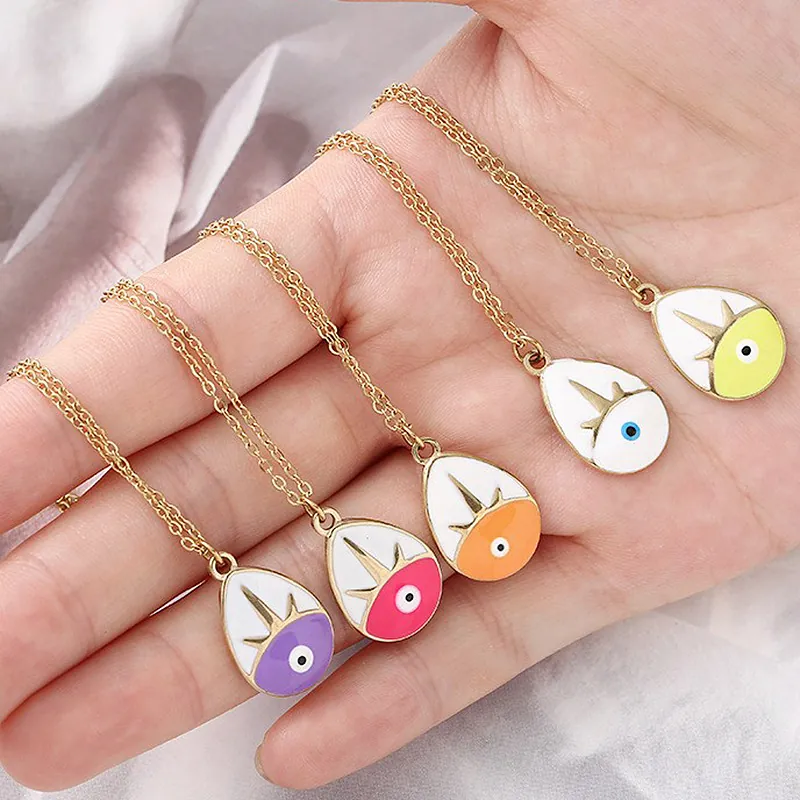 Evil Eye Water Drop Pendant Necklace Stainless Steel Enamel Drip Oil Fashion Clavicle Chain For Women