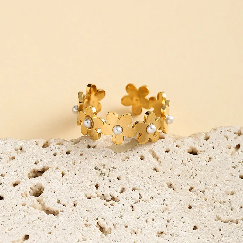 Flower Open Ring Stainless Steel Gold Plated With Faux Artificial Pearl Inlay Adjustable Minimalist Fashion Jewelry For Women