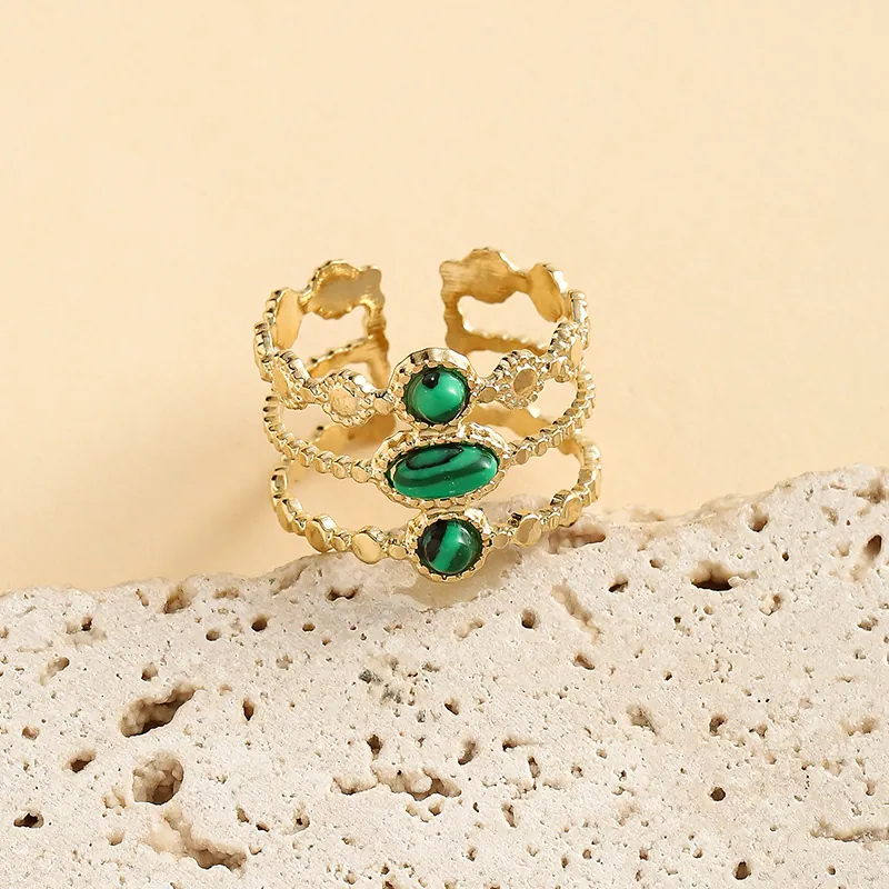 Malachite Ring Stainless Steel Gold Plated Bohemian Three Row Geometric Adjustable Open Fashion Jewelry Women