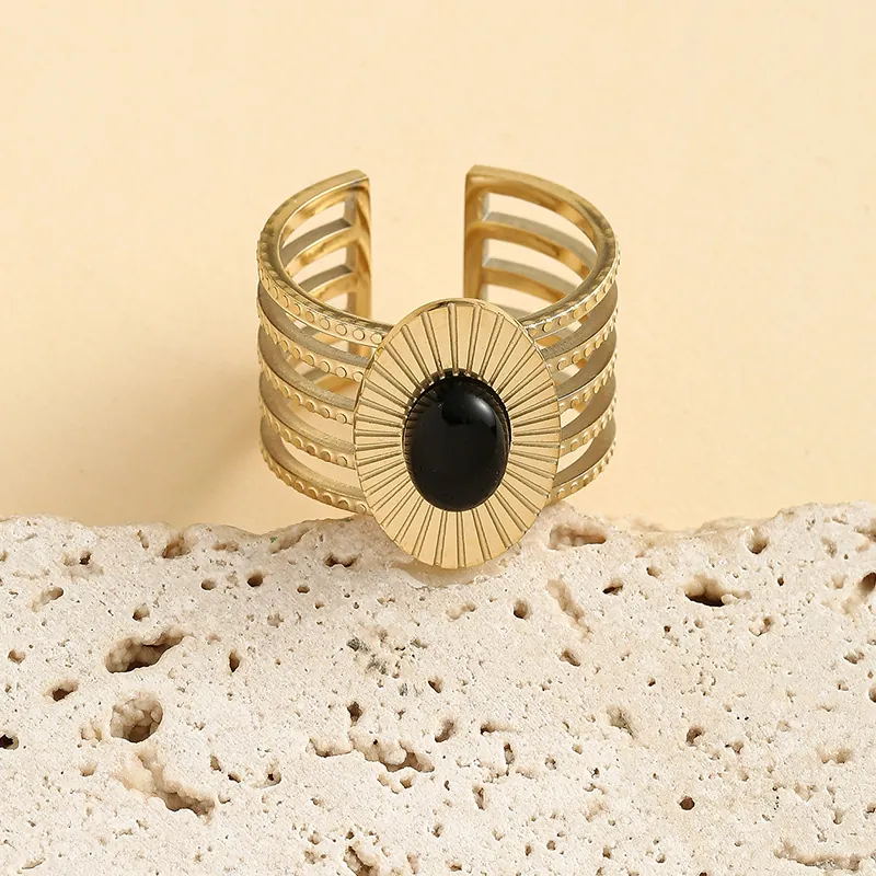 Vintage Golden Stainless Steel Wide Open Ring For Women With Black Oval Stone Multi Layer Hollow Sun Motif Adjustable