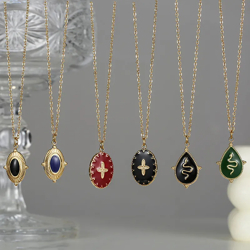 Collier En Acier Inoxydable Vintage Plaqué Or 14K Émail Serpent Croix Pendentif Ovale Goutte D'eau Chaîne De Clavicule Bijoux Femmes