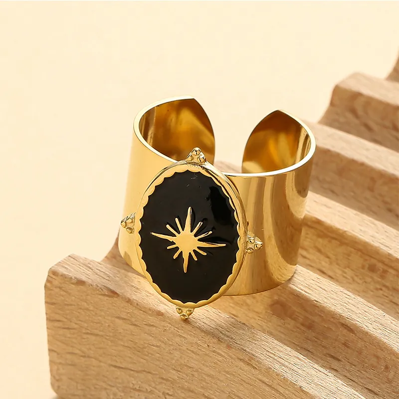 Gold Plated Stainless Steel Wide Band Ring Black Drip Oil North Star Open Adjustable Retro Fashion Jewelry For Women