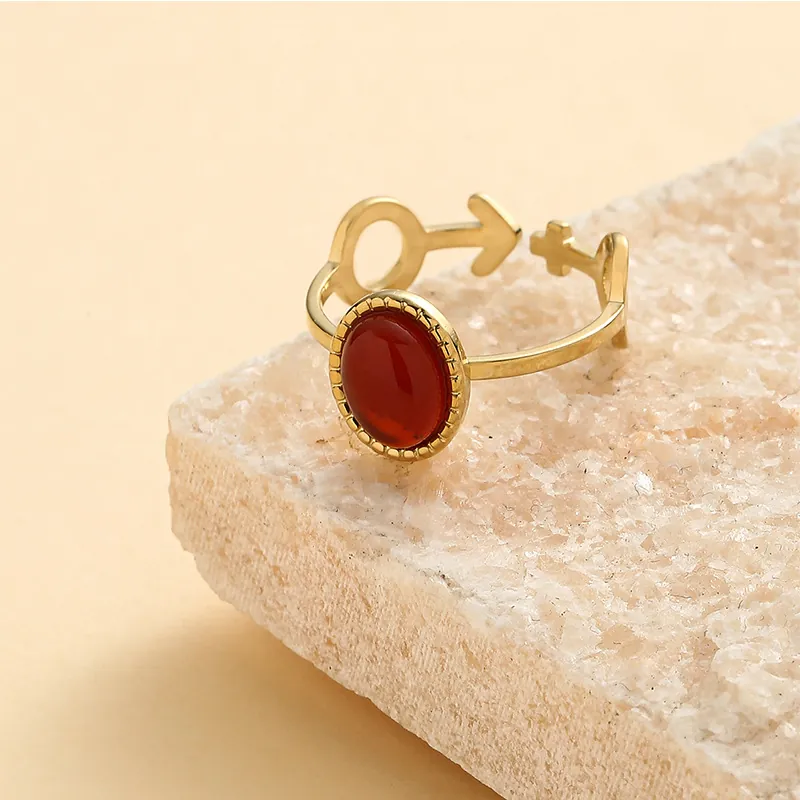 Gold Plated Stainless Steel Open Ring Red Agate Oval Natural Stone Mars Venus Gender Symbols Adjustable Jewelry Women