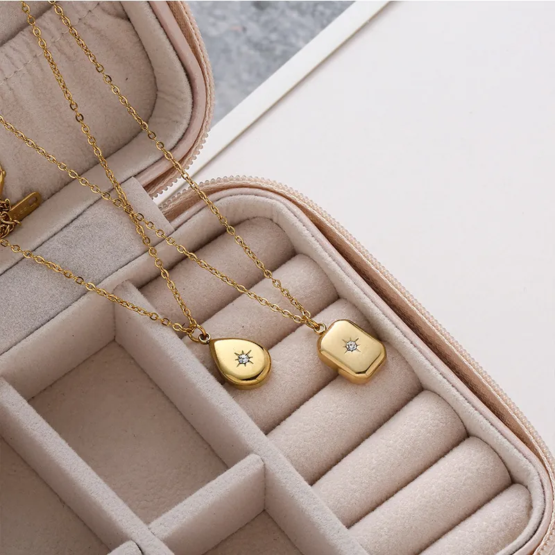 Starburst Pendant Necklace Gold Plated Stainless Steel Water Drop Rectangle Cubic Zirconia Dainty Minimalist Jewelry Women