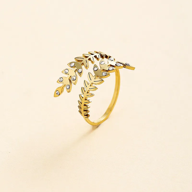 Leaf Ring Stainless Steel Cubic Zirconia Open Adjustable Nature Inspired Jewelry For Women