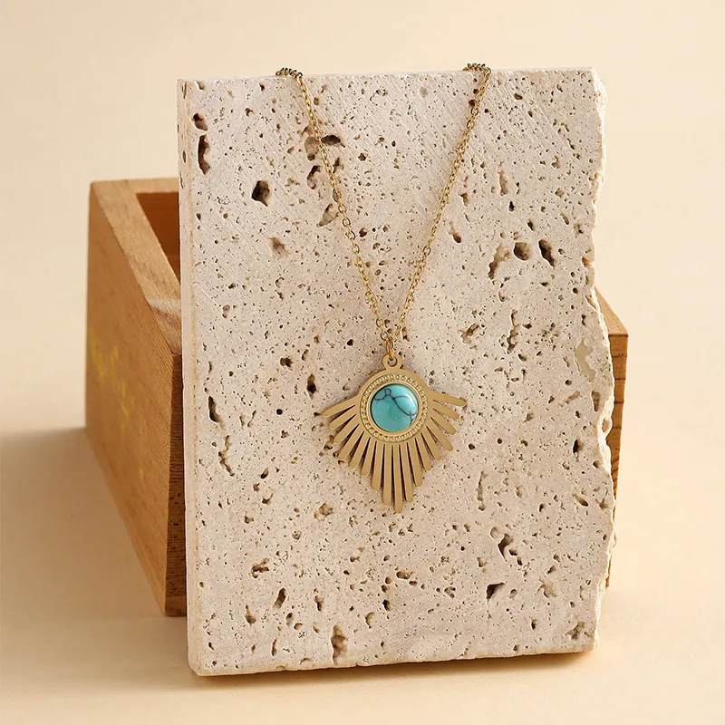 Edelstahl Anhänger Halskette Mit Türkis Sonnenstrahl Anhänger 14K Vergoldet Böhmischer Vintage Schmuck Für Damen