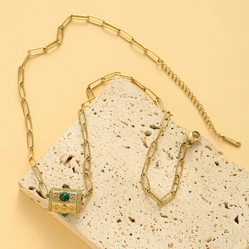 Collier Vintage En Acier Inoxydable Femmes Pendentif Cylindrique Vert Malachite Zircon Chaîne Maillons Trombone Bijoux Boho