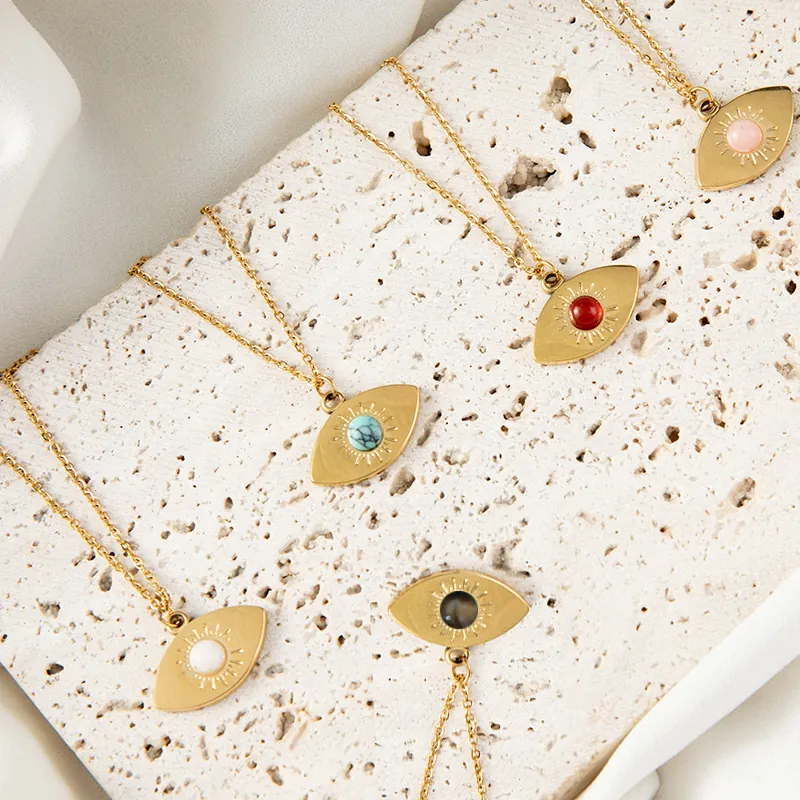 Evil Eye Pendant Necklace Stainless Steel With Natural Stone Sunburst Radiant Texture Bohemian Vintage Jewelry For Women