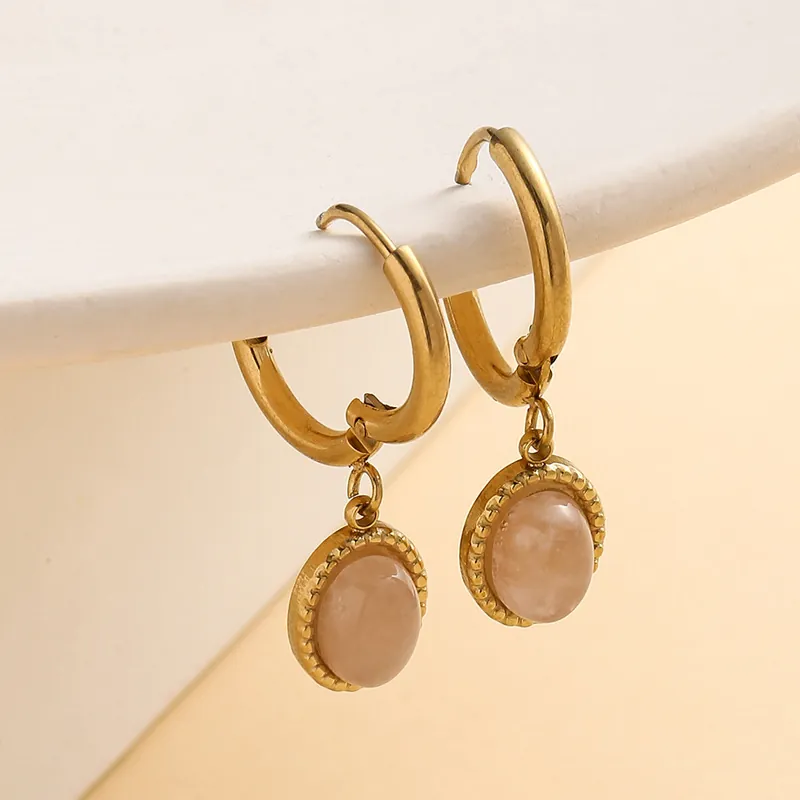 Stainless Steel Hoop Earrings With Natural Pink Stone 14K Gold Plated Elegant Vintage Dangle Jewelry For Women