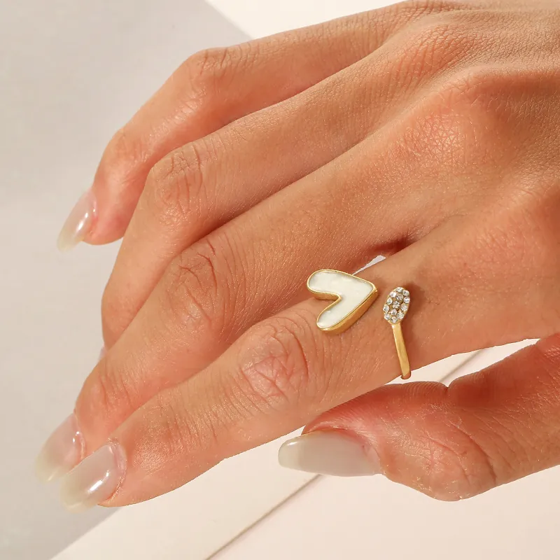 Bague Ouverte Coeur Acier Inoxydable Plaqué Or 14K Strass Émail Texture Marbre Ajustable Bijoux Mode Pour Femmes