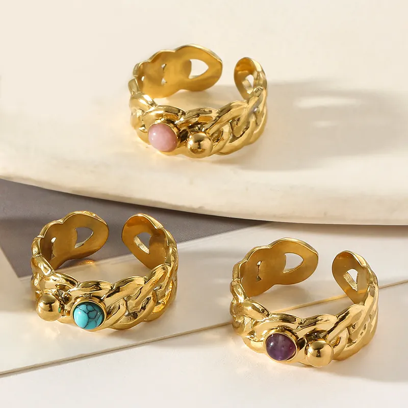 Retro Stainless Steel Open Ring For Women With Twist Chain Texture Round Gemstone Inlaid Bohemian Palace Style Jewelry